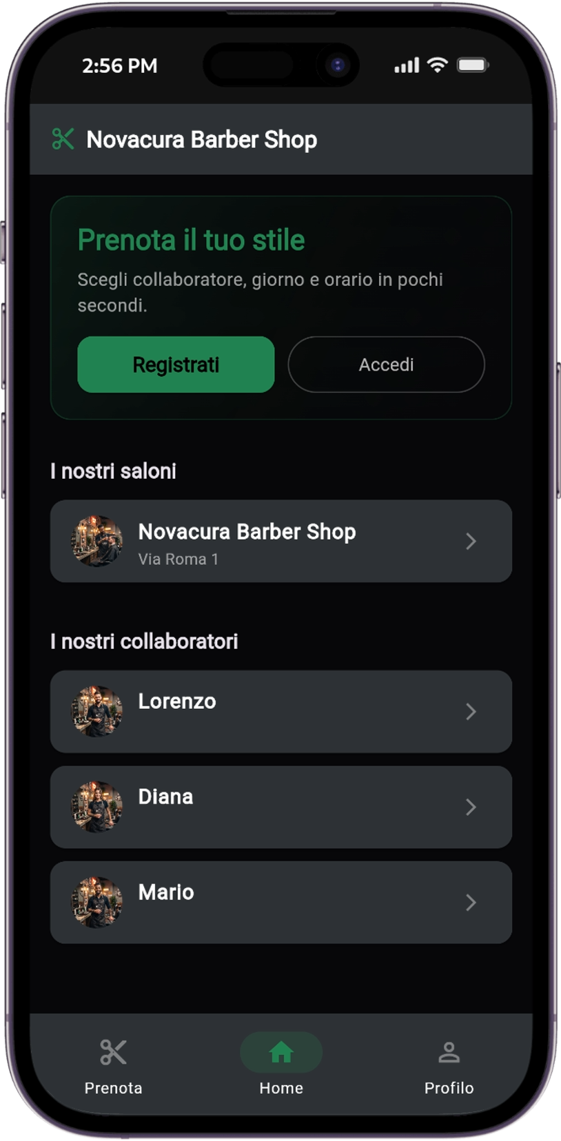Mockup dell'app Novacura per barber shop: tema scuro con accenti verdi