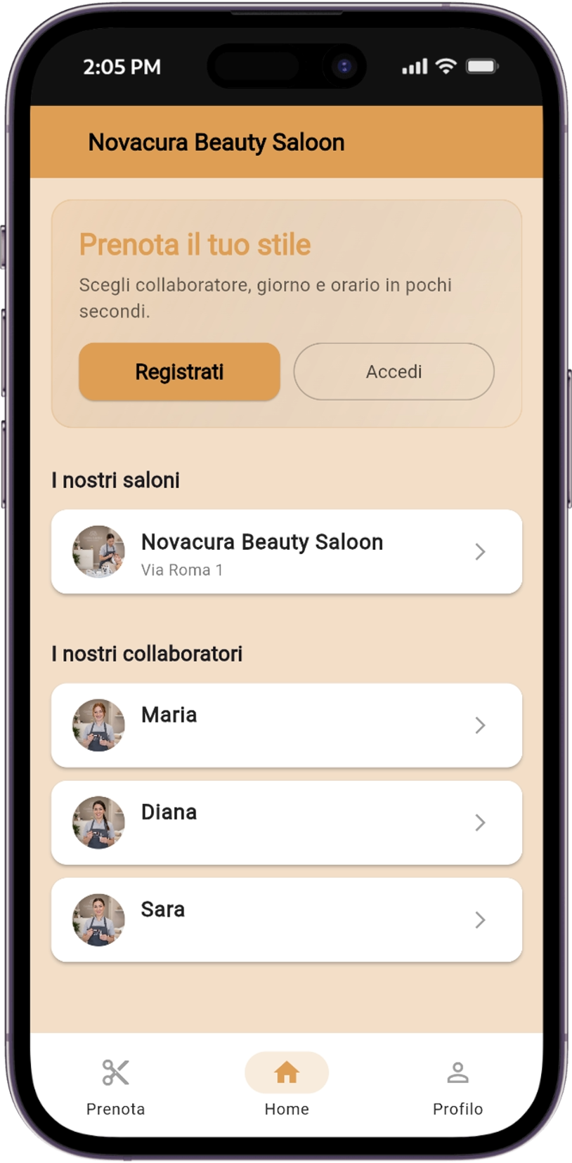 Mockup dell'app Novacura per centro estetico: tema chiaro con accenti dorati