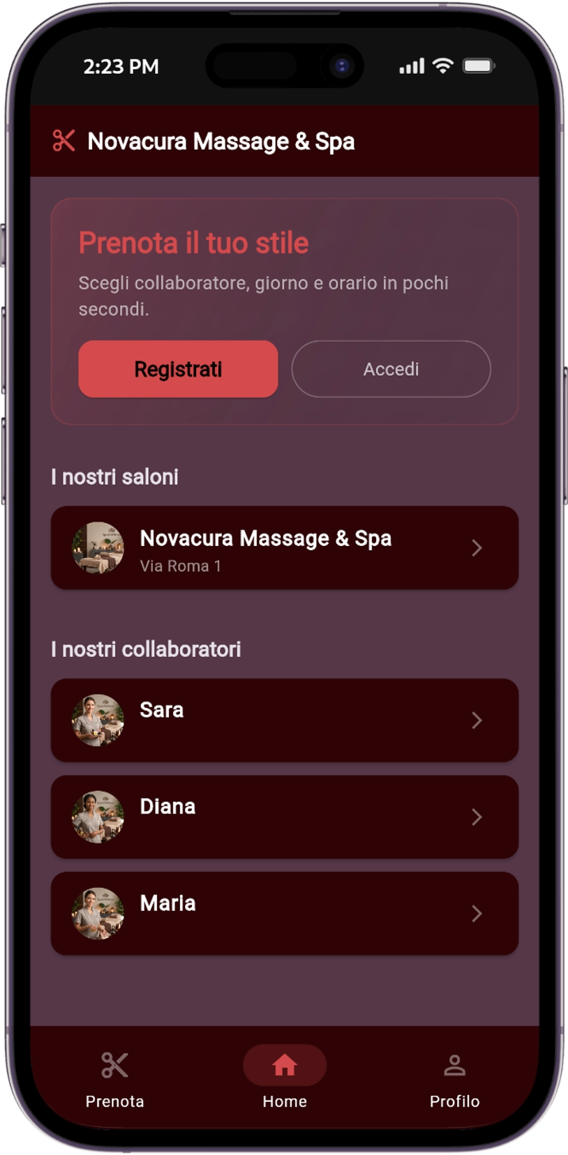 Mockup dell'app Novacura per massaggi e spa: tema prugna con accenti rossi