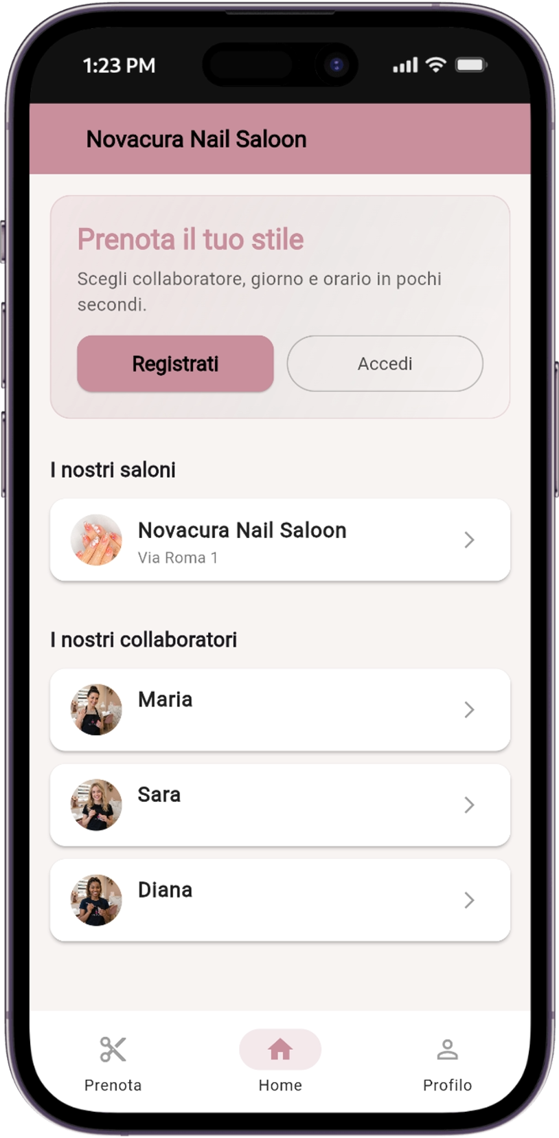Mockup dell'app Novacura per nail studio: tema chiaro con accenti rosa